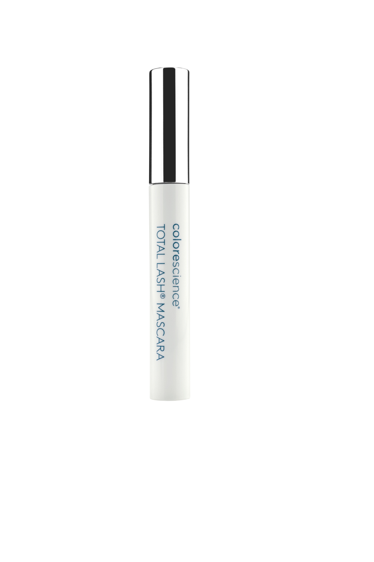 White mascara tube with silver cap on a white background